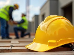 Construction site safety concept. Two construction workers in bright yellow vests, hard hats working. Bright yellow hard hat lies on wooden planks in foreground. Construction workers collaborate